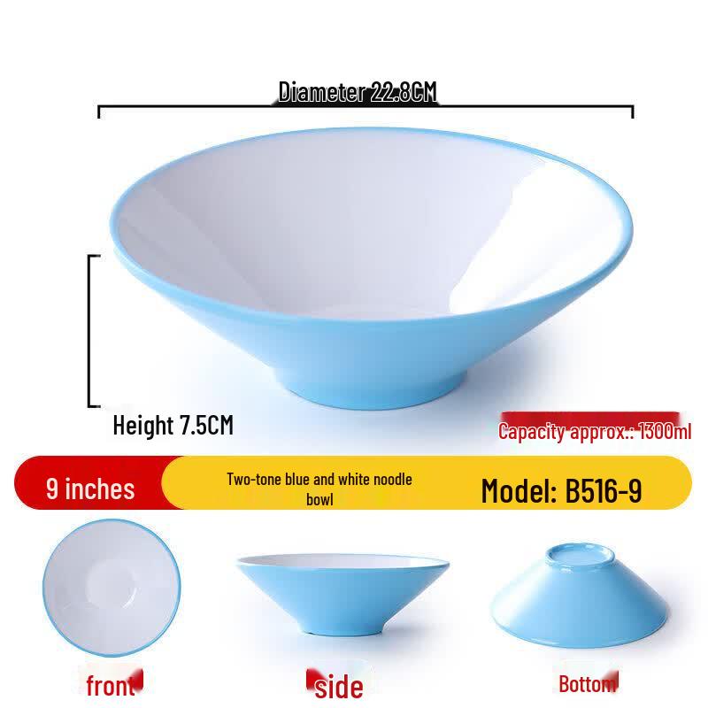 9-inch Melamine Commercial Soup/Noodle Bowls - Blue & White 2-Pack