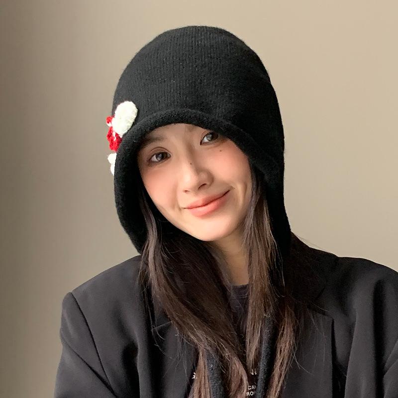 Japanese Style Ear Protection Tie Hat - Women's Windproof, Warm Slouchy Beanie with Floral Wrap for Autumn and Winter