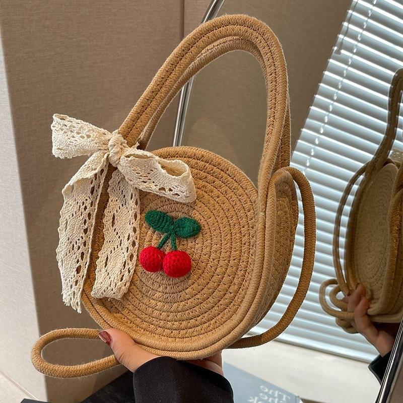 Elegant Stylish Woven Purse For Women Comfortable Cotton Beach Bag With Fashion Scarf Khaki Cherry Scarf