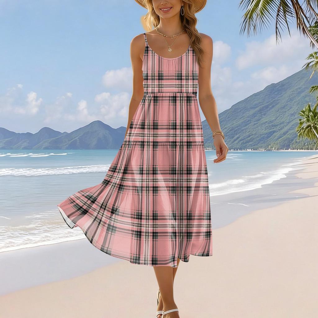 Women's Summer Fashion Printed Pocket Adjustable Shoulder Strap Bohemian Leisure Beach Resort Strap Dress