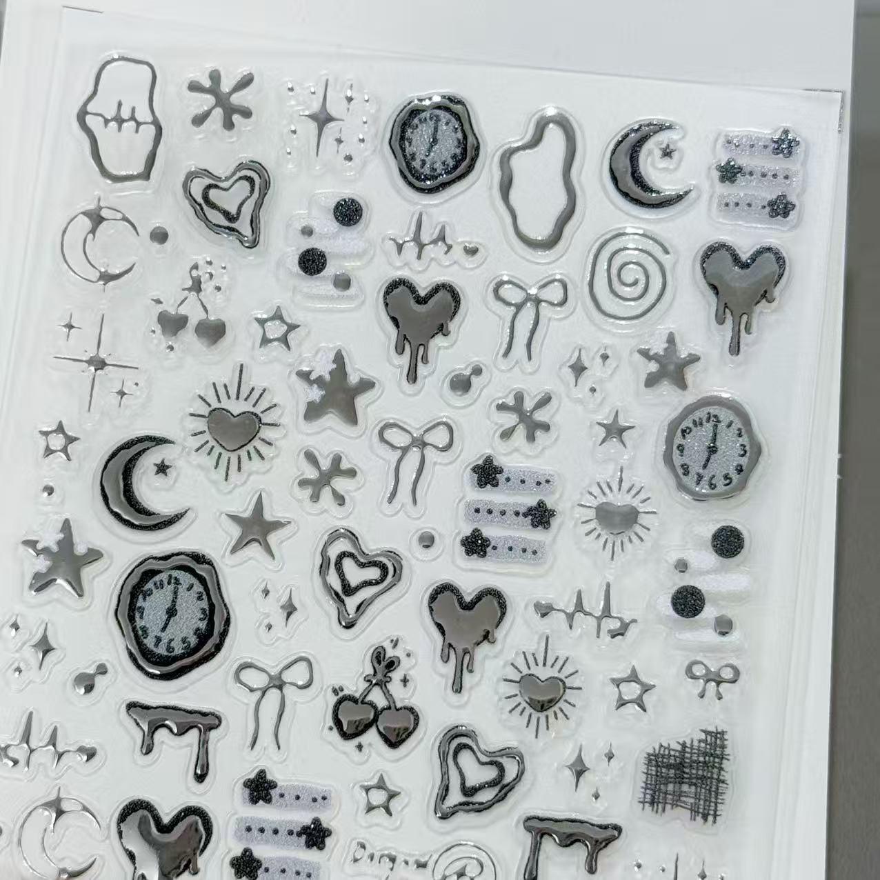 Dark Style Star, Moon & Heartbeat Metal Nail Art Stickers