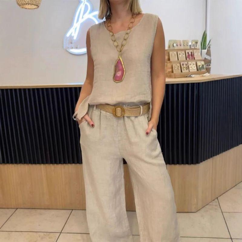 Solid-Color Sleeveless Long Pants Set Solid Sleeveless Vest Trousers Set Women