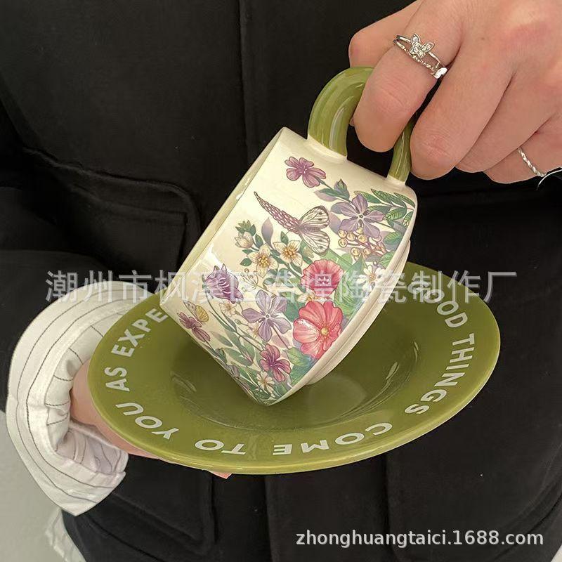 Retro Ceramic Cups And Saucers, Antique Oil Painting, Green Lily Of The Valley, Coffee Cup And Saucer, Hepburn Style Afternoon Tea