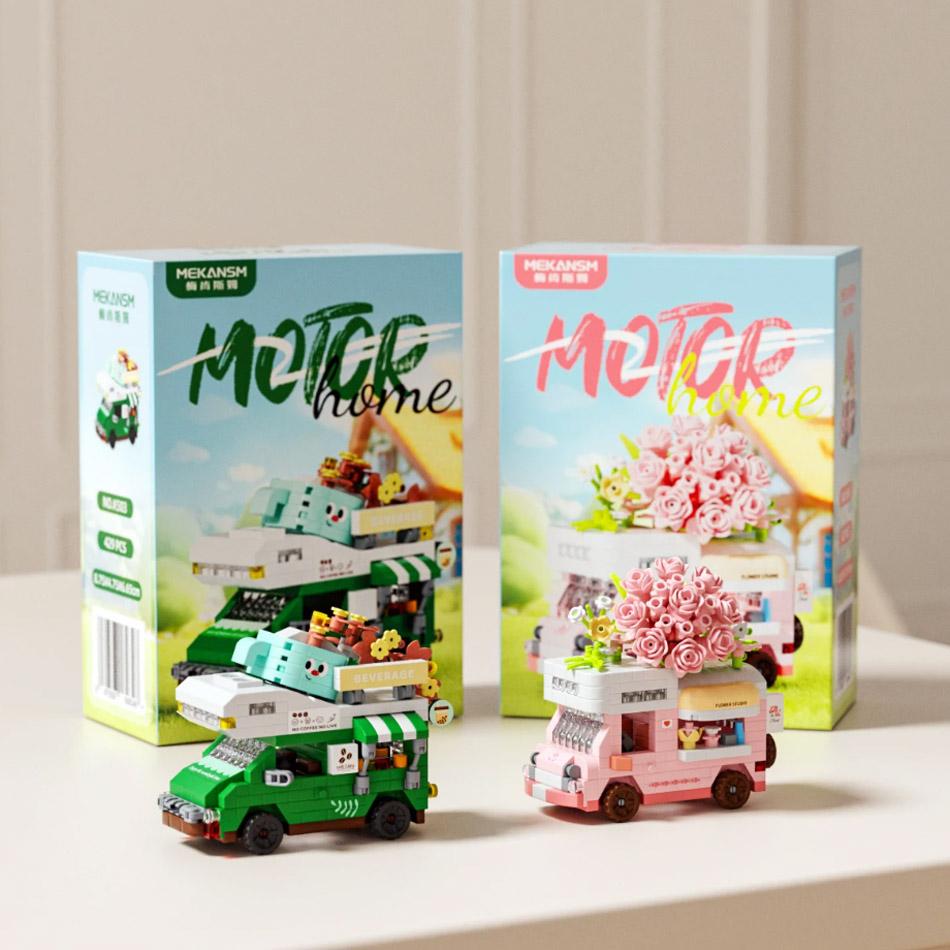 Popular Diy  Car Food Truck Fruit Ice Cream Store Flower Street View Construction Blocks Kit Girls Blocks Model Kids Plaything Children