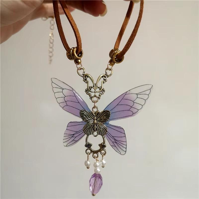 Fashion Vintage Purple Resin Butterfly Pendant Brown Leather Rope Necklace For Women Y2K Goth Unique Neck Chain Jewelry Gifts