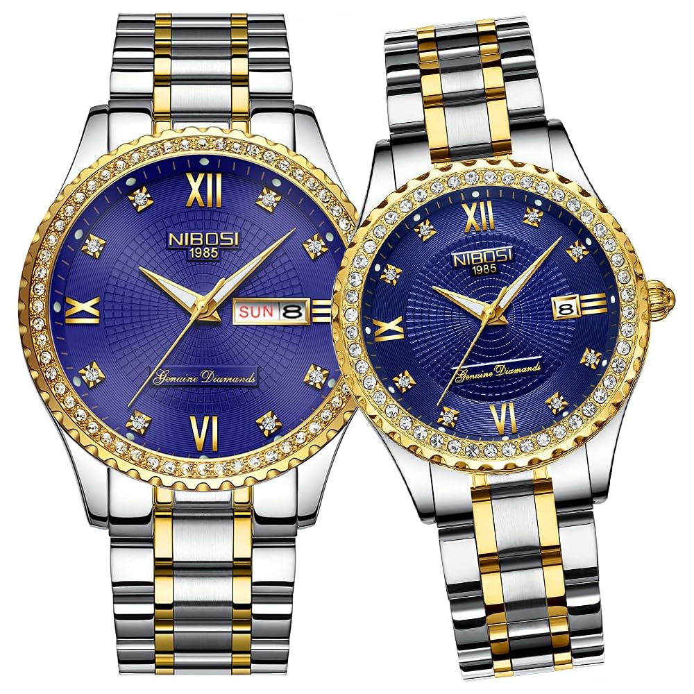 Pair Classic Stainless Steel Watches for Couples with Diamond Accents, Waterproof, Gold Finish