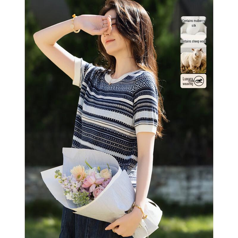 Demana Women s Silk Wool Blend Fair Isle Short-Sleeve Knit Top M