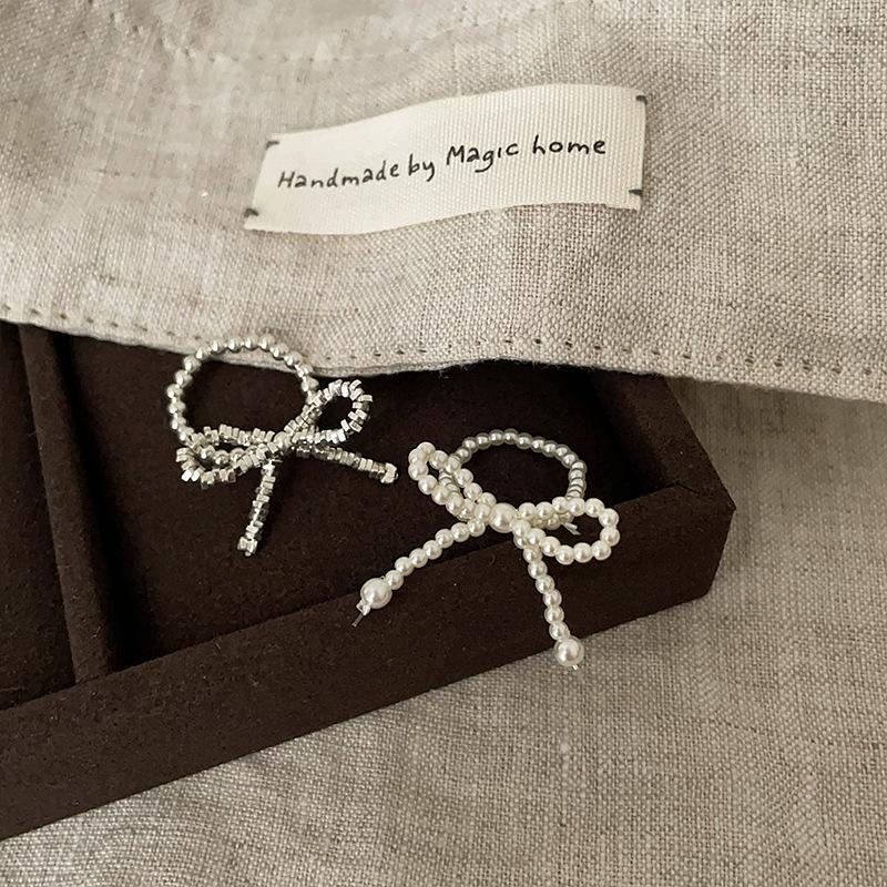 Broken Silver Pearl Bow Elastic Ring Women'S Niche Design Sense Exquisite Personality Fashion Versatile Ring Ring