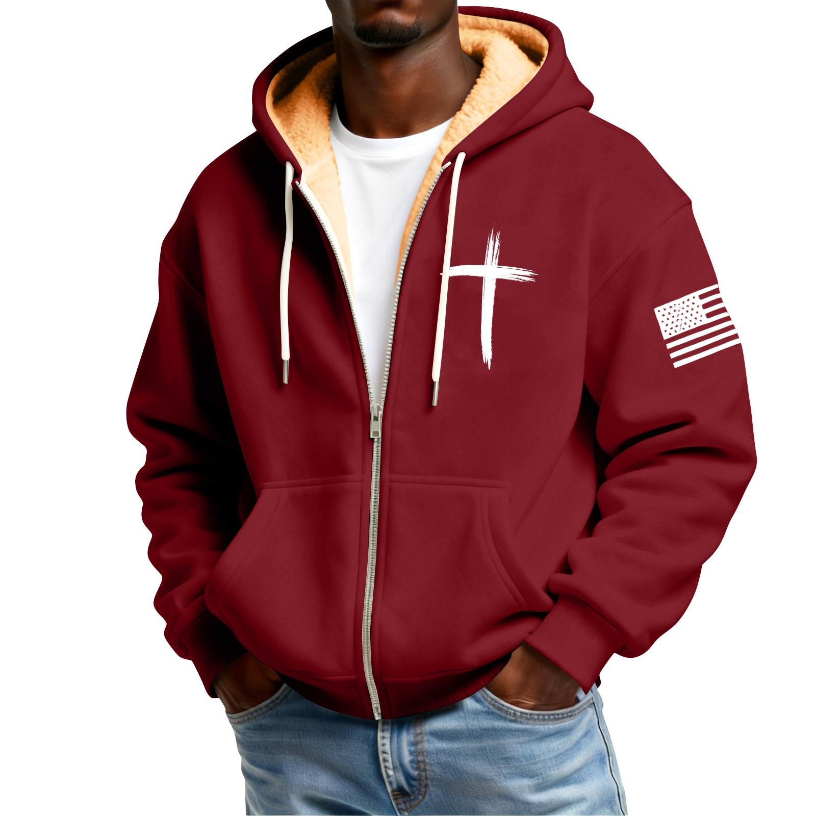 

Мужской флисовый кардиган с капюшоном на молнии и с принтом, с карманами, мужской повседневный кардиган XXL винный