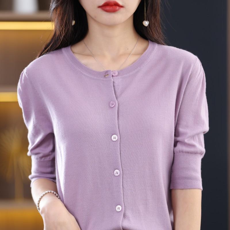 Round Neck Short-sleeved Cardigan for Women In Summer Latest One Tone Puff Sleeve Top French Exterior Half-sleeved Thin Blouse