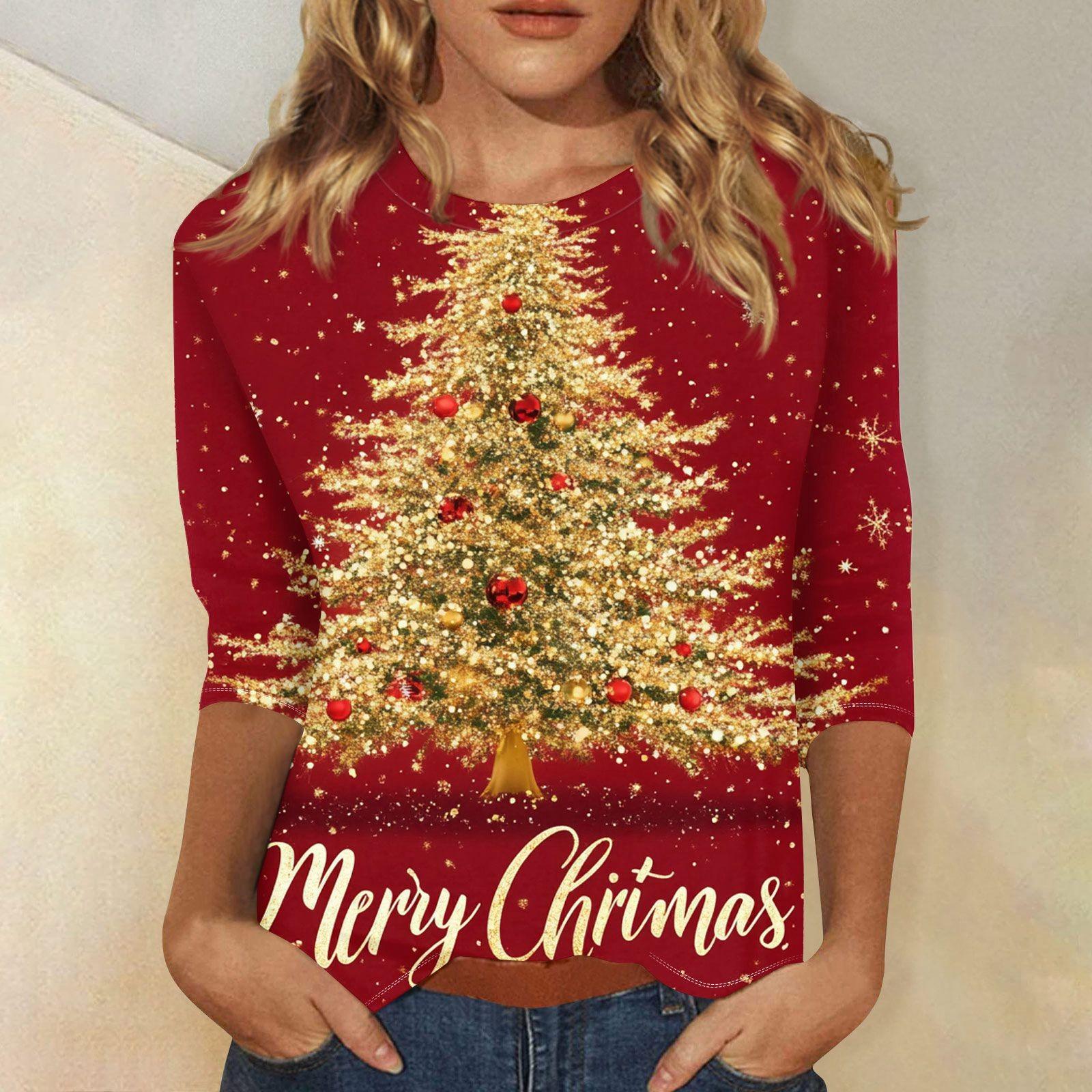 

Женская повседневная футболка с круглым вырезом и рождественским принтом снежинок, рукав три четверти, топ, пуловер XXL красный