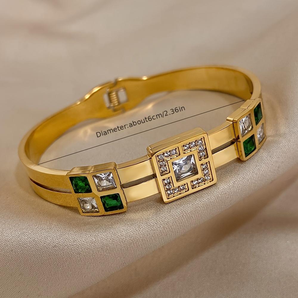 Luxury Stainless Steel Bracelet with Green Synthetic Cubic Zirconia - Fashion Cuff Bangle Jewelry