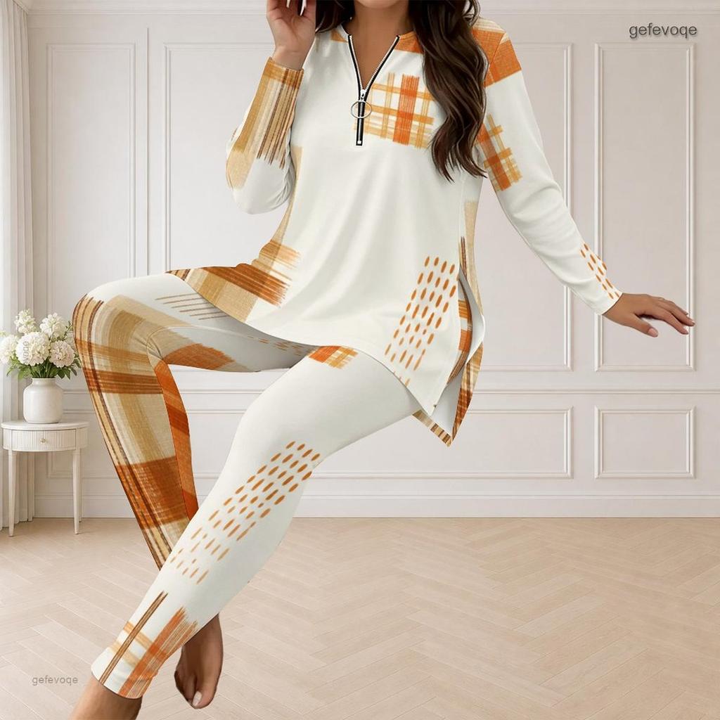 Women Plus Size Printed Two Piece Pants Set Half Zip Long Sleeve Longline Top And Fitted Pants