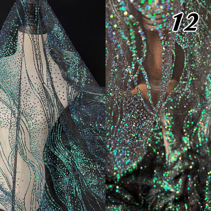 Glitter Sequin Lace Fabric Iron Bronzing Wave Pattern Polyester Material Bridal Wedding Party Evening Dress Fabric DIY Textile