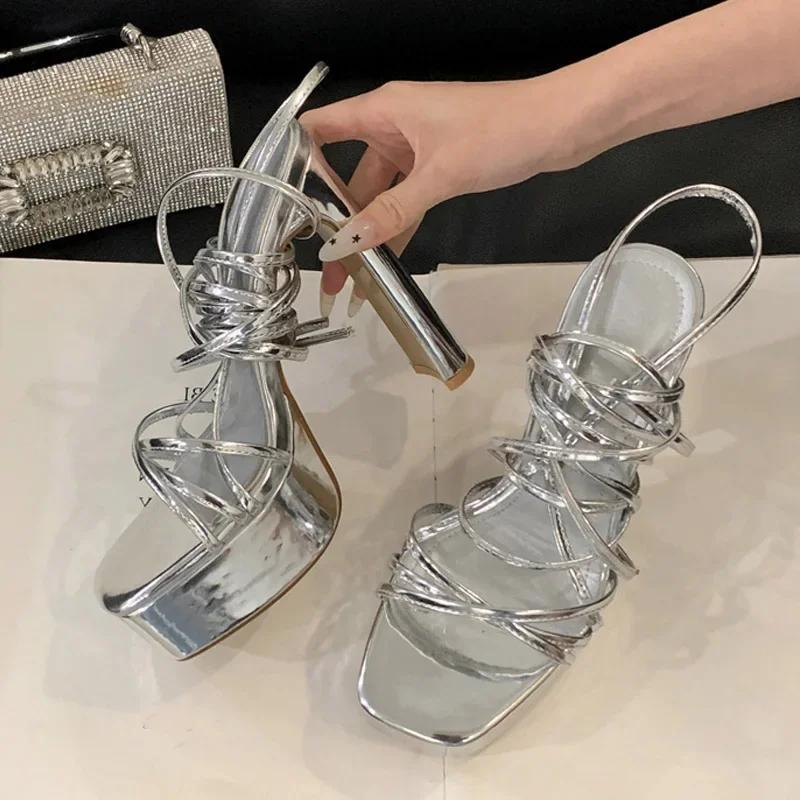 

Stylish Black Ankle Cross Strap Platform Sandals Women Sexy Square Toe Chunky High Heels for Women Elegant Party Pole Dance Shoe 42