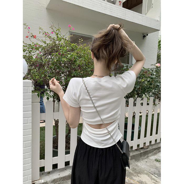 Women's Summer Slim Fit Pleated Short Sleeve T-shirt with Back Cutout