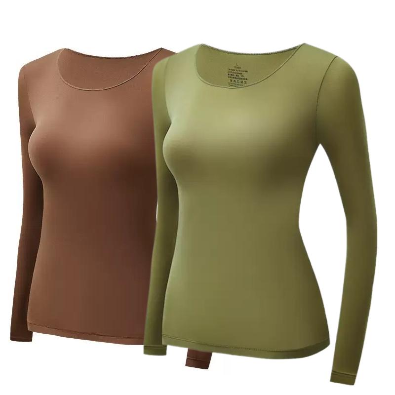 2 Stück Damen Thermounterwäsche Herbst Winter Unterhemd Langarm-T-Shirt Dünnes Oberteil Zweite Haut Damen Thermisch L-XL