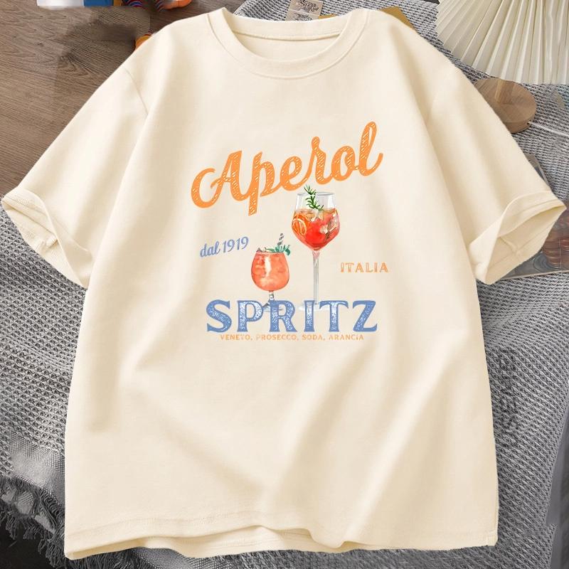 Aperol Spritz-mönster tryck, bekväm, avslappnad, andningsbar och enkel topp, 100% bomull T-shirt för män och kvinnor