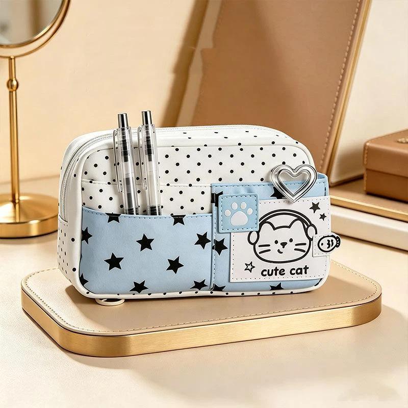 Cat Pattern Pencil Case With Blue Polka Dot Design Pencil Bag For Students School Supplies Multi-Layer Large Capacity Pen Bag