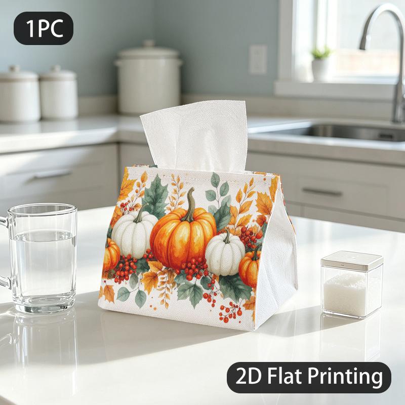 1pc Tissue Box, Watercolor Fall Pumpkins Cozy Vibe Pattern, 2D Flat Printing, Lightweight, Strong And Firm, Tissue Container, for Restaurant, 2D Flat
