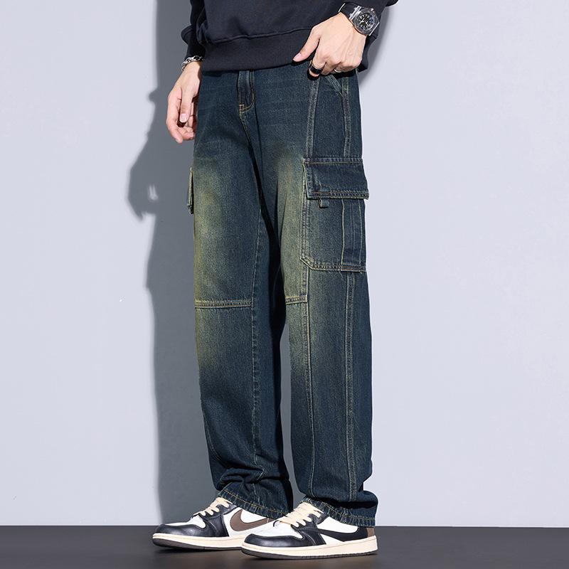 Men's Cotton Straight Cargo Jeans Trendy Multi-pocket Nostalgic Loose Trousers Man American Vintage Fashion Denim Pants