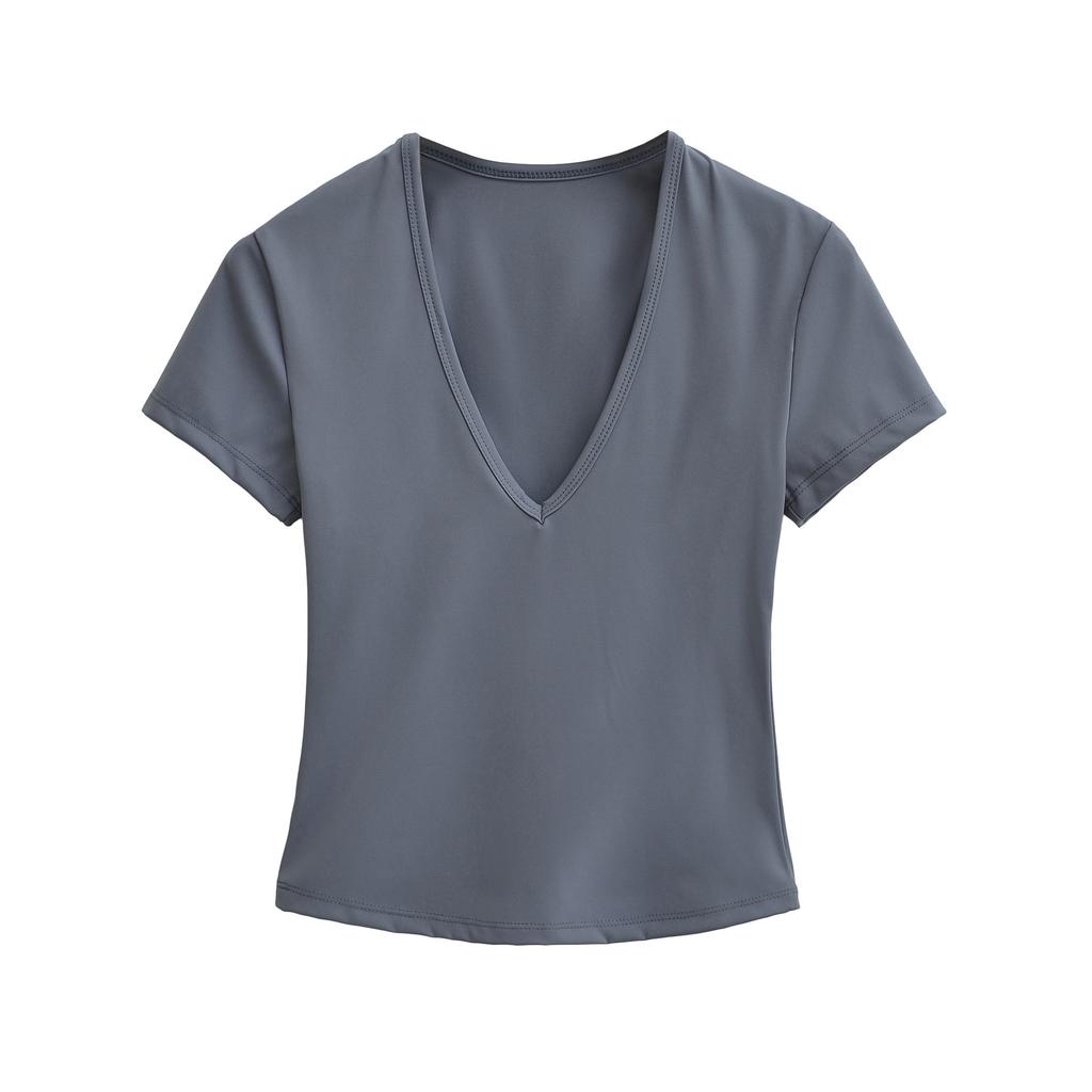 Deep V-neck Short-sleeved T-shirt Women's Summer New American Spice Girl Solid Color Slim-fitting and Thin Bottoming Shirt Sports Top
