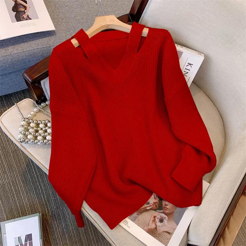 V Neck Casual Women  Sweaters Boho Holiday Knitwear Sweater Oversize Long Sleeve Solid Jumper Top Winter