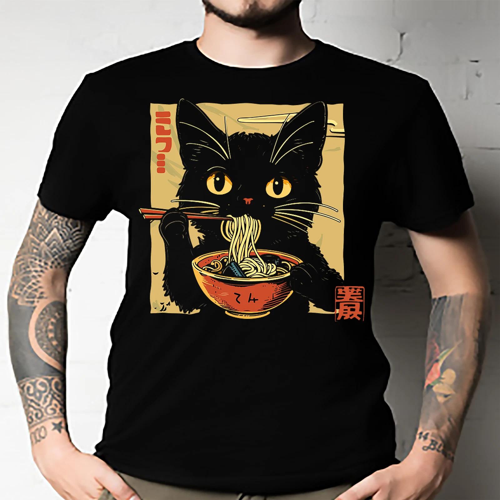 Men s and Women s T-shirts Funny Cat Ramen Graphic Tee Japanese Kawaii Anime Cat XXL