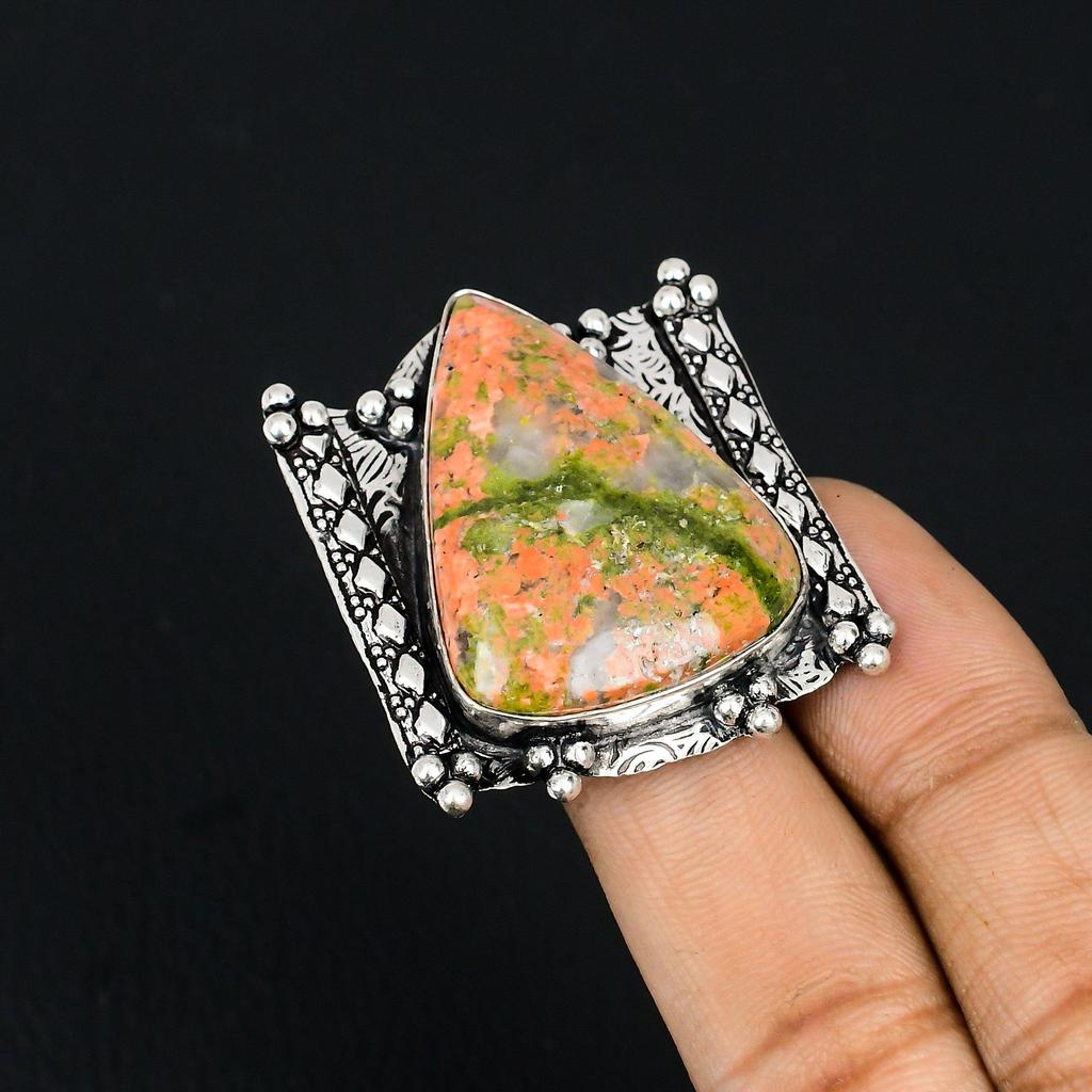Natural Unakite Gemstone Solitaire Green Ring Size 7.5 925 Sterling Silver