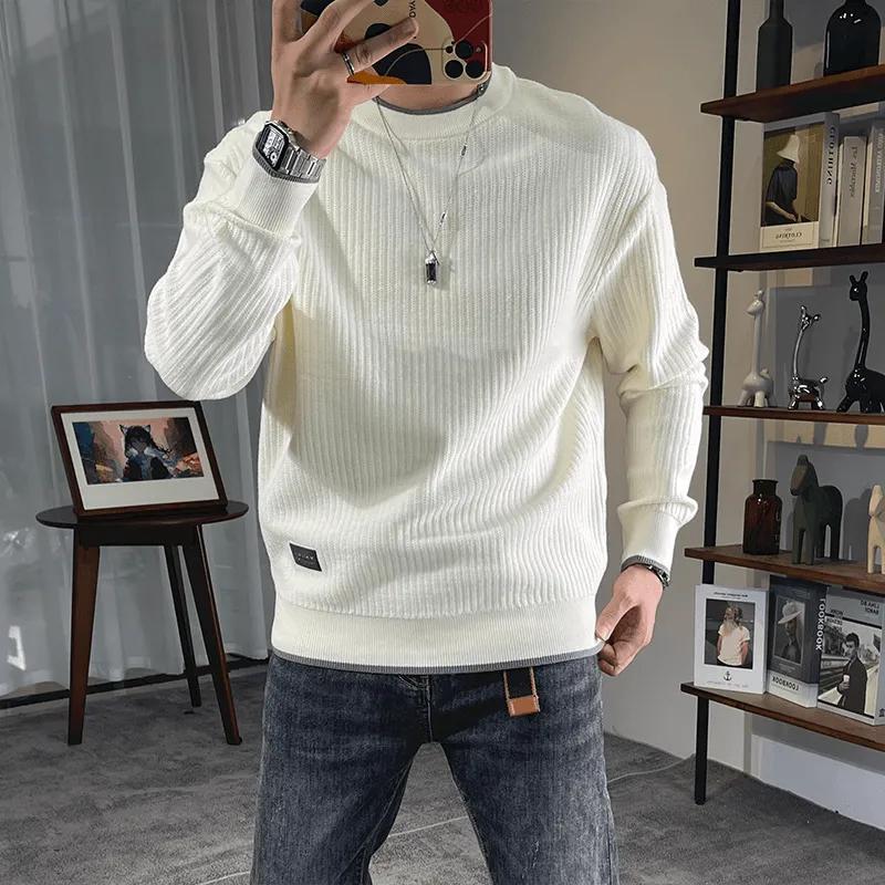 

Круглый вырез мужской свитер Утолщенный свитер Осенне-зимняя мужская одежда Теплый универсальный свитер Тонкий модный брендовый хлопковый трикотаж 3XL белый