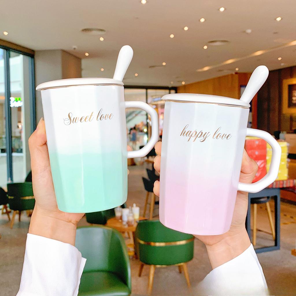 Verlaufende Farbe Leichter Luxus Luftbecher mit Deckel Löffel Keramiktasse für Heimgebrauch Frauen Paar Wasserbecher Büro Kaffeetasse