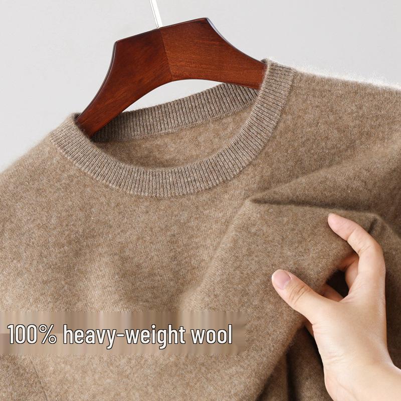 Men's 100% Wool Round Neck Loose Casual Sweater - Thickened Long Sleeve Knitwear