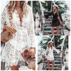 Fashion Long Sleeve Hollow Out Sexy Beach Women Dress Summer Holiday V-neck Lace Sunscreen