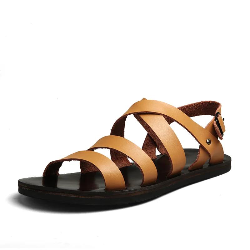 Fashion Genuine Leather Men's Sandals Flat Open Toe Rome Style Mens Sandals Fashion Male Summer Shoes Hollow Out Beach Men's Shoes