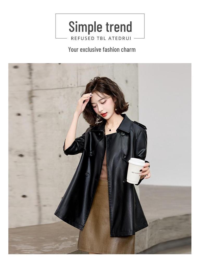 Veste Manteau Mi-long Petit en Cuir PU Rétro Mode Automne 2024 pour Femme
