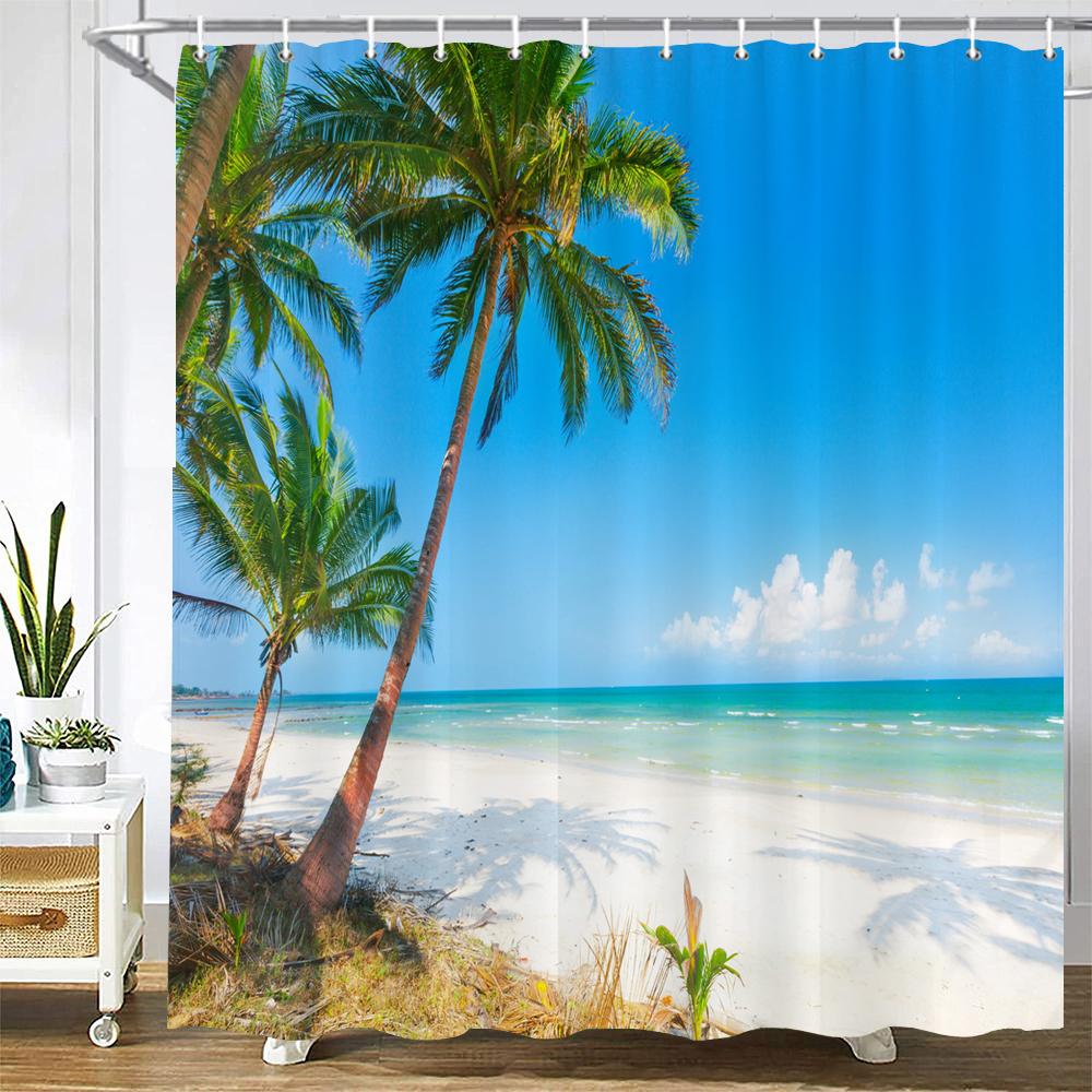 3D Seascape Beach Printed Fabric Shower Curtains Bathroom Curtain Bath Screen Waterproof Products Home Decor With Hooks