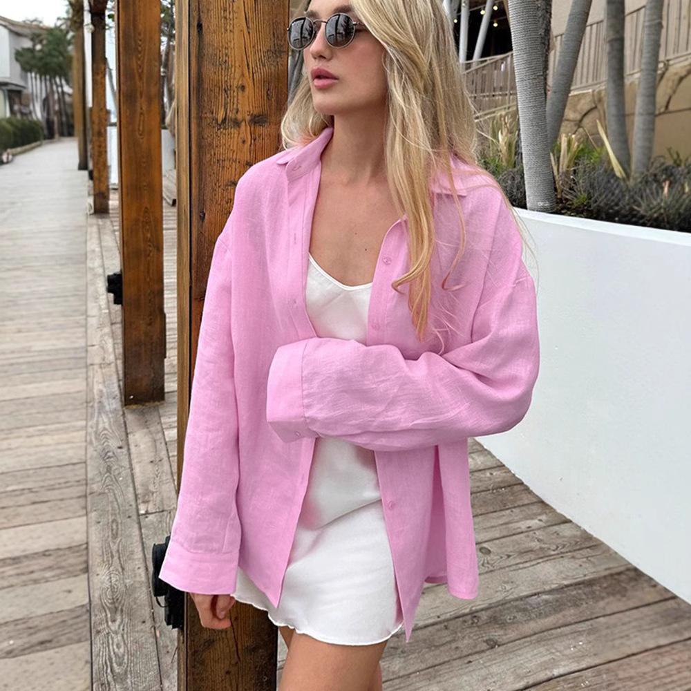 Women Pink Linen Blend Oversized Button Down Long Sleeve Shirt