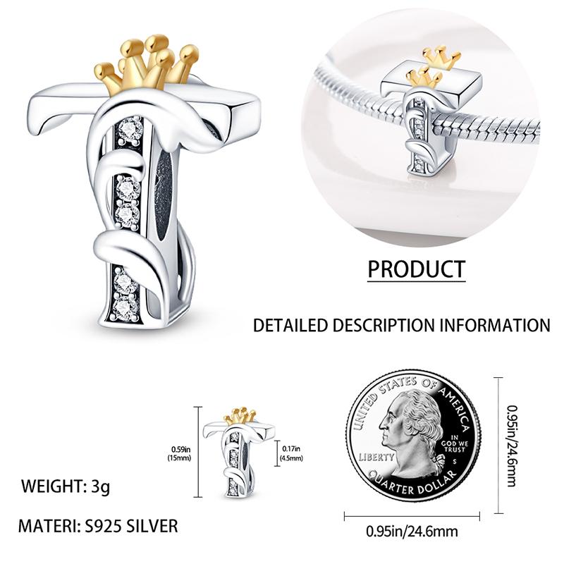 26 Alphabet Charms Beads Copper Letters Rose Gold Plated Crown Charm Fit 3Mm Bracelet Diy Women Jewelry