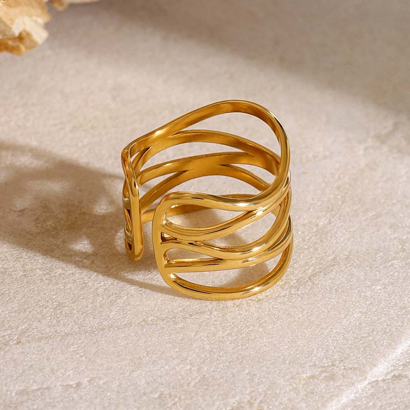 Stainless Steel Metal Irregular Line Open Rings For Women Minimalist Gold Color Geometric Curved Adjustable Ring Jewelry Gift