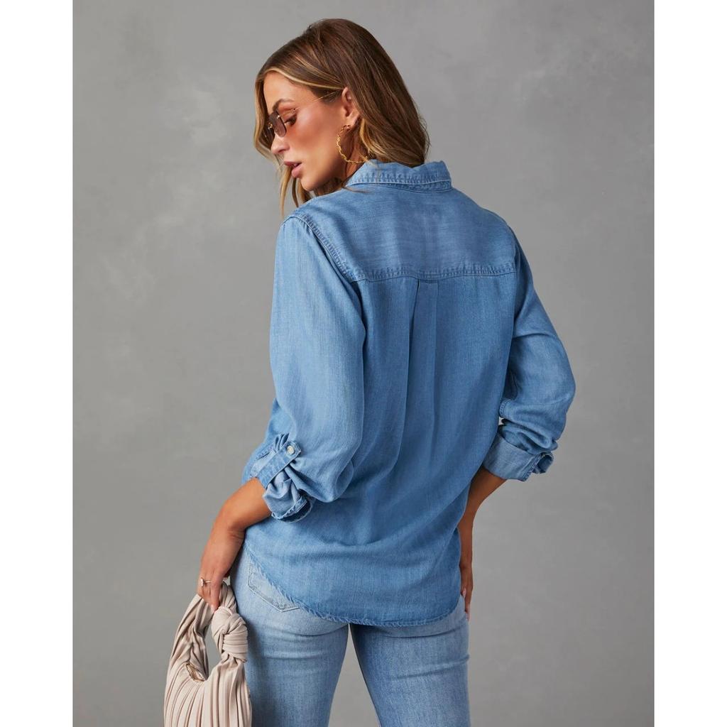 Women's Long Sleeve Denim Shirt 2025 Autumn Casual Lapel Single Breasted for JOOM Europe America