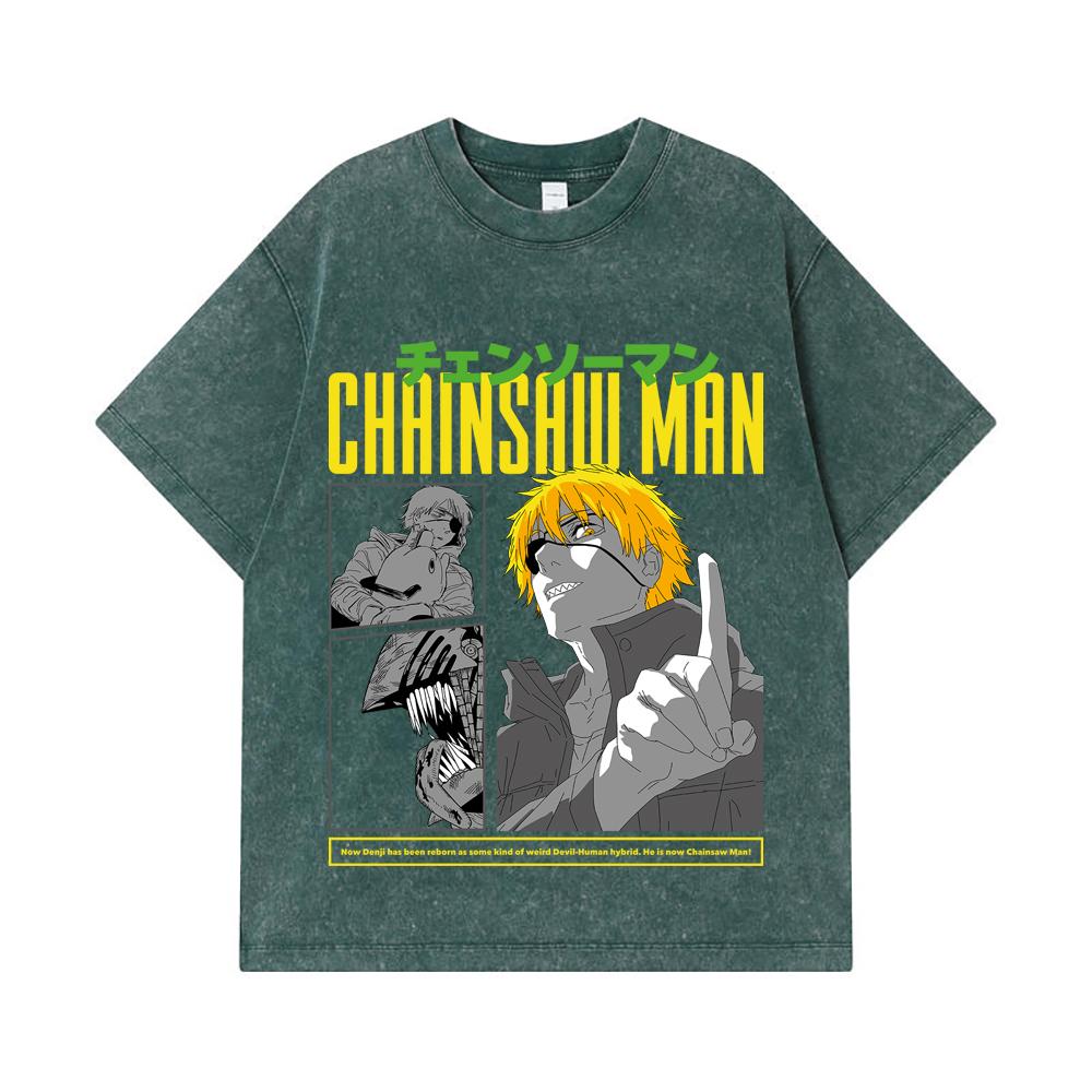 275 GSM Washed T-shirts 100% Cotton Chainsaw Man V45 Denji Print Unisex Heavy Cotton T Shirt