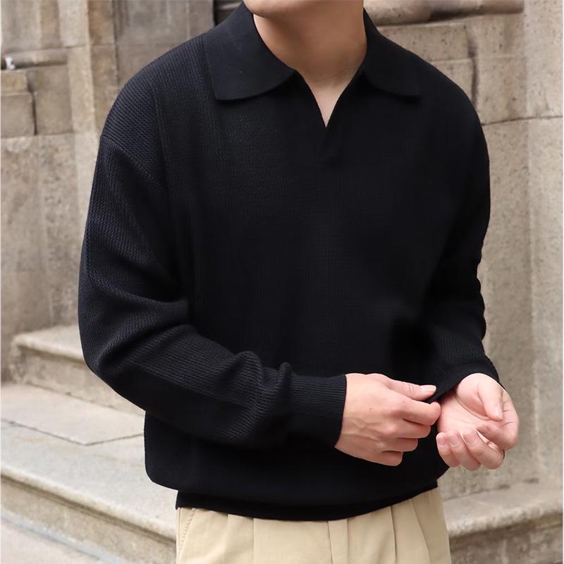 

Men s Slim Fit Retro Long Sleeve Knit Polo Sweater XXXL чорний