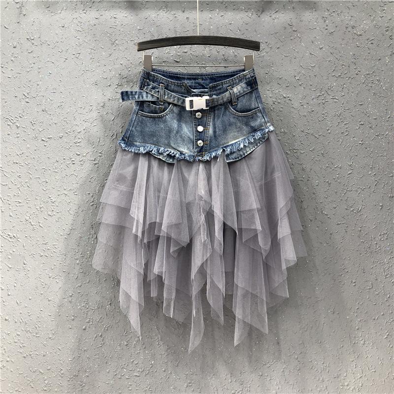 Moda Donna Gonna Denim Patchwork Rete Vita Alta A Linea Asimmetrica Volant Tulle Gonne Gotiche