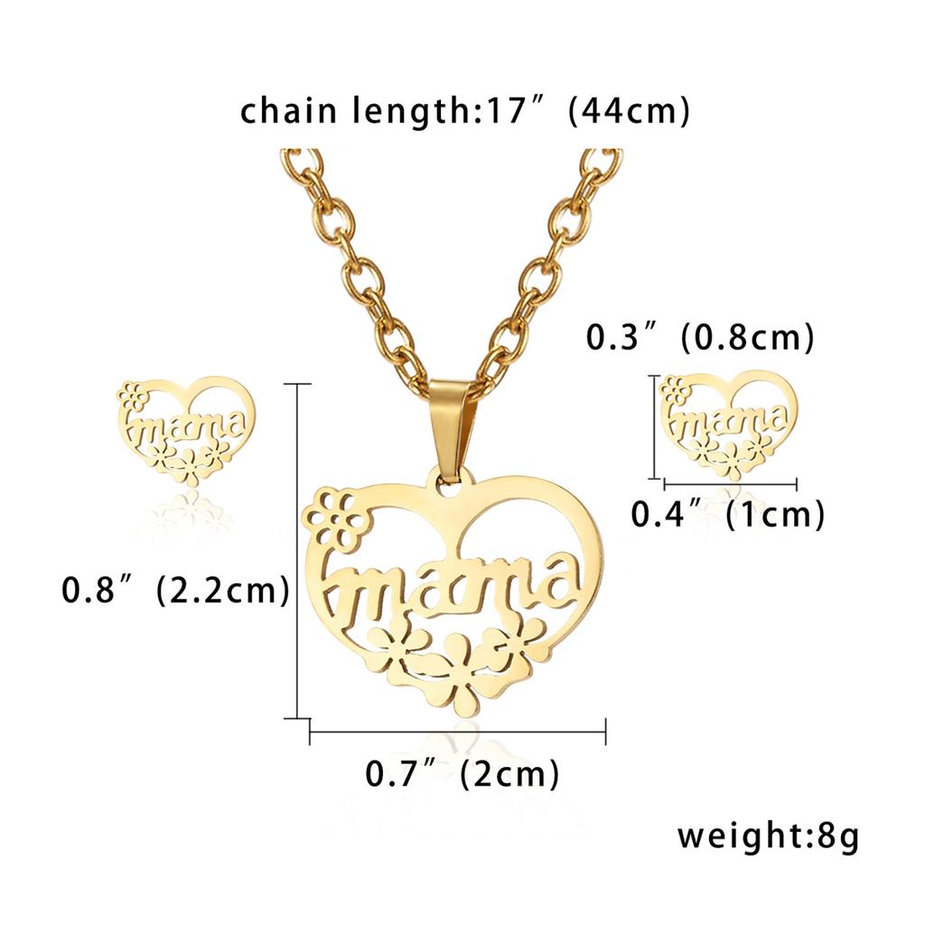 Stainless Steel Gold Color I Love MAMA Letter Necklace Earrings Set For Women Heart Mom Daughter Figure Mother's Day Jewelry Set