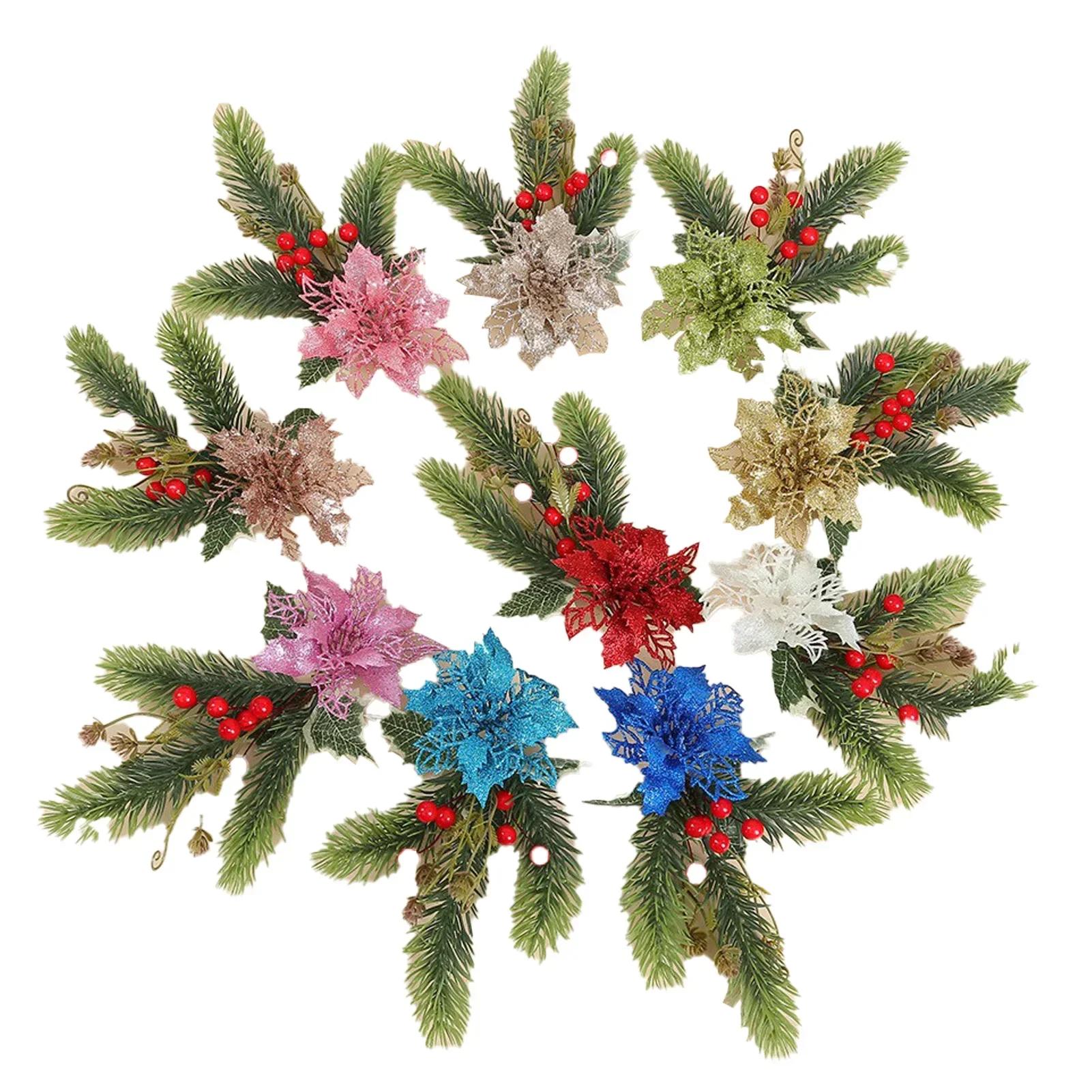 

10pcs Christmas Flower Pine Decorative Accessories Gift Box Decorations Pine Needles Red Fruits Handicraft With Clips