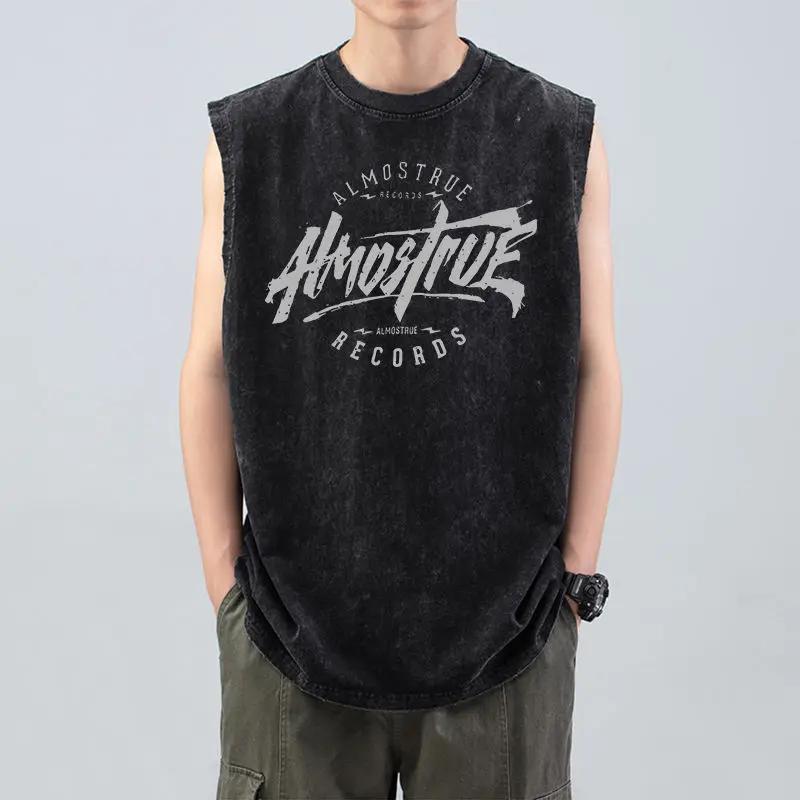 Retro Loose and Old Washed Sleeveless Trendy Brand Sports Pure Cotton Vest Men's T-shirt Summer