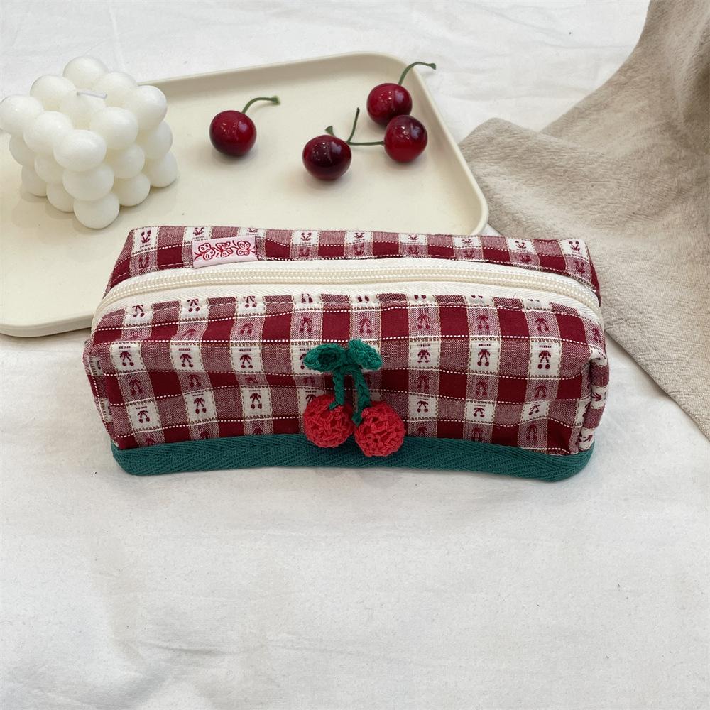 Cherry Plaid Storage Bag Large Capacity Multifunctional Makeup Bag Large Capacity Pen Bag Brand New For Makeup Travel Office
