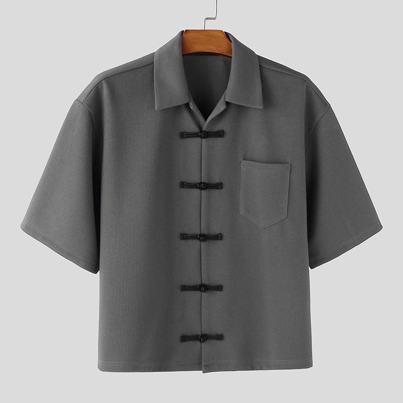 INCERUN Summer Men Lapel Neck Short Sleeve Vintage Knot Casual Shirts Tops