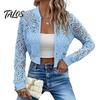 Floral Print Jacket Women's Lace Jacket, Sexy See Through Long Solid Color Women Sleeve Crop Coat, Zip-Up Sheer Lightweight Outerwear Casual
