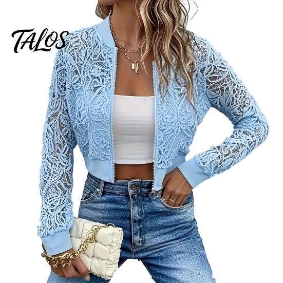 Floral Print Jacket Women's Lace Jacket, Sexy See Through Long Solid Color Women Sleeve Crop Coat, Zip-Up Sheer Lightweight Outerwear Casual